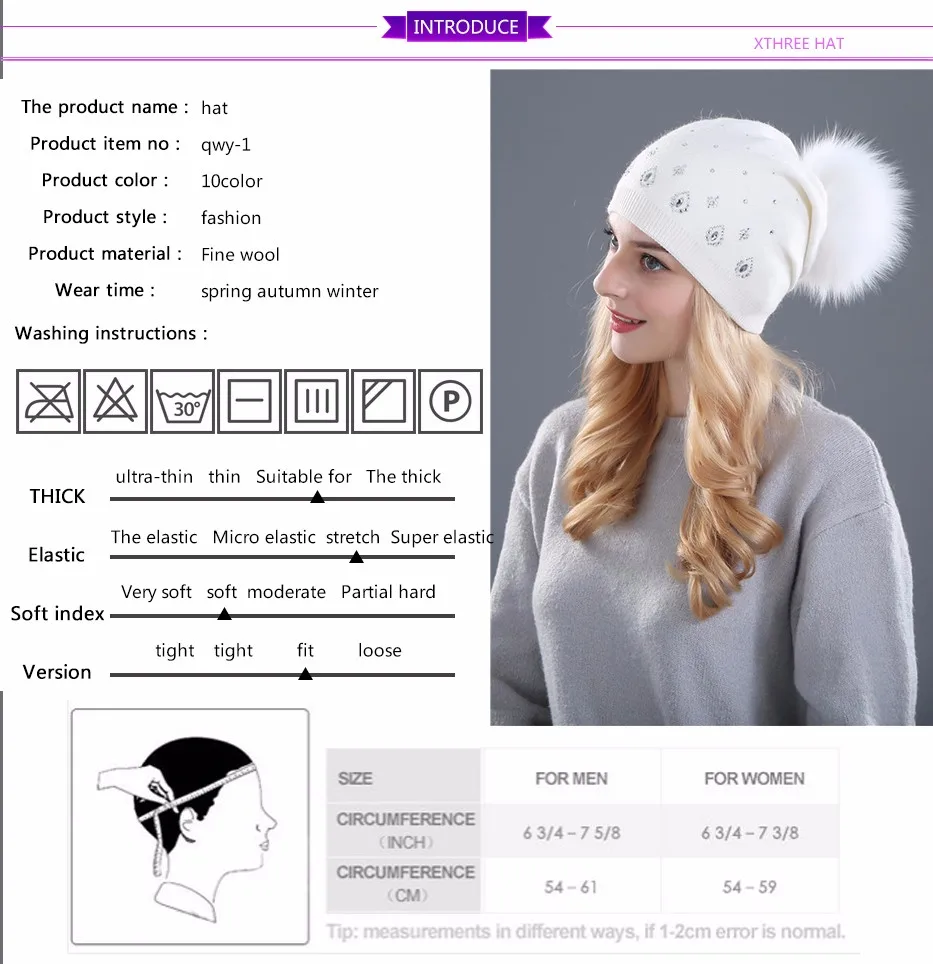 Xthree, женские зимние шапочки, шапка для женщин, блестящие стразы, мех кролика, шерстяная вязаная шапка, женские шапки из норки с помпонами