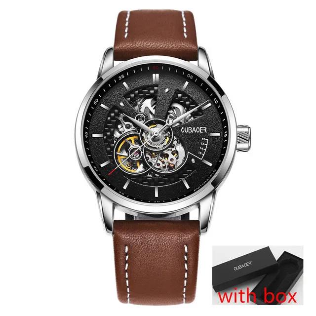 Brown Black with Box OUBAOER мужские s часы лучший бренд класса люкс автоматические механические часы Мужские Кожаные Бизнес водонепроницаемые спортивные часы Relogio Masculino - Цвет: Brown Black with Box