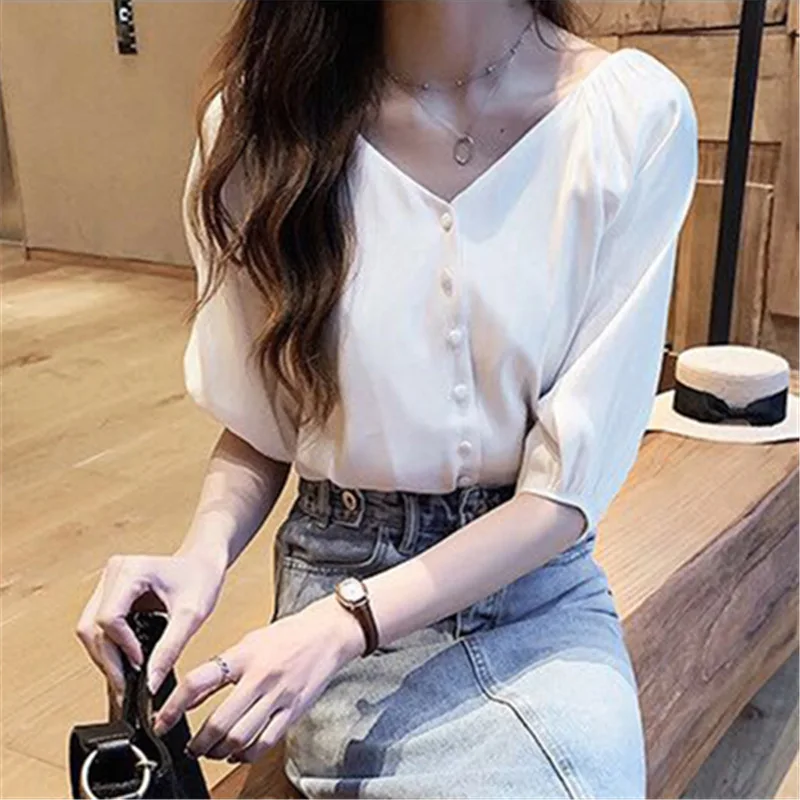 2019 Summer Women White Shirt Feminine Blouse Top Short Sleeve Casual V Collar OL Style Female Button Loose Plus Size Blouses |