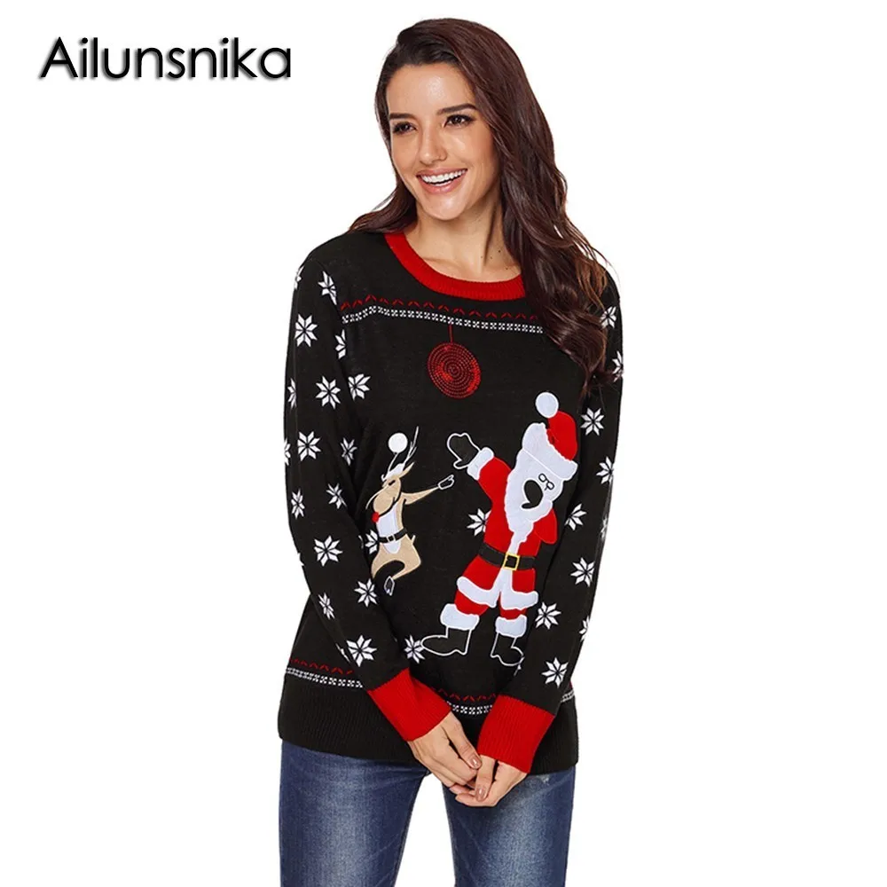 Ailunsnika 2018 Women Casual Black O-Neck Full Sleeve Reindeer Snowflakes Santa Sweater For Christmas Day Size S-XXL DL27823 | Женская