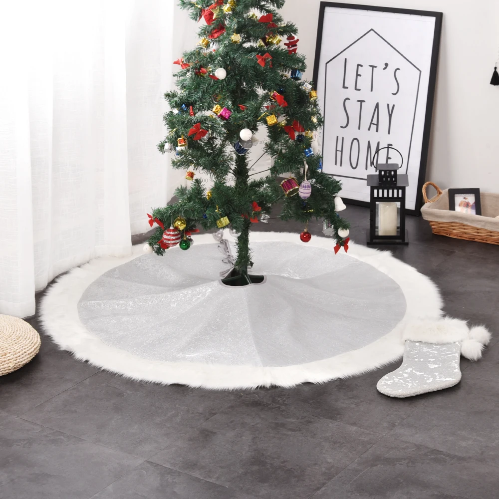 Promotion 36&quot/42&quot/48&quot 3D embossed silvery jacquard damask luxury lamie with Faux fur Border Christmas tree skirt P4778 | Дом и сад