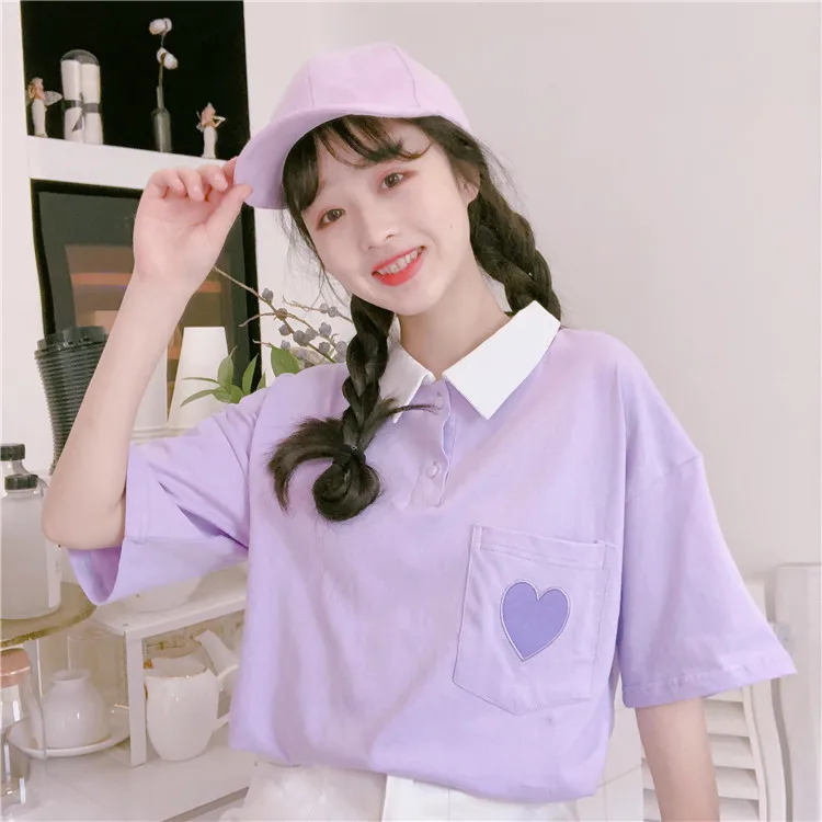Pockets Women T-shirts Summer Preppy Style All- Match Candy Color Femela Tees Heart Embroidery | Женская одежда