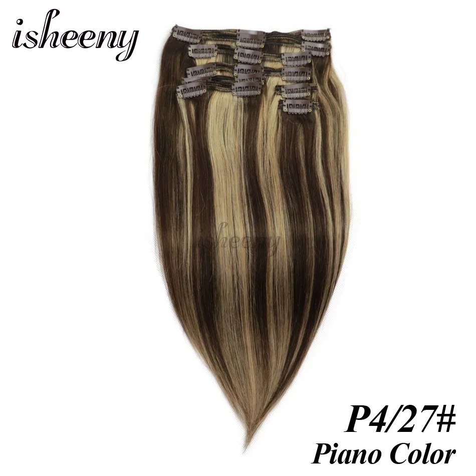 # P4/27 Isheeny Remy(Реми), накладные волосы для наращивания 8 шт./компл. бесшовные натуральные человеческие волосы для наращивания на заколках, на всю голову, бразильский Однотонная одежда волосы на заколках - Цвет: # P4/27
