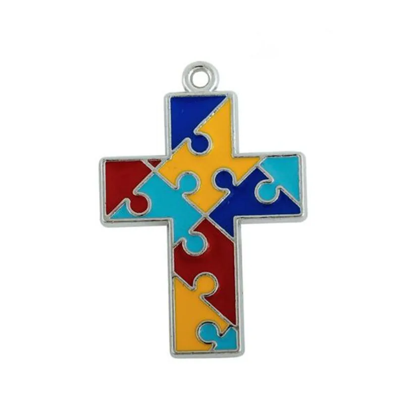 Colorful Cross Shape Autism Awareness Jigsaw Puzzle Piece Pendant Charms Fit DIY Bracelet& Necklace& Keychain Jewelry Making
