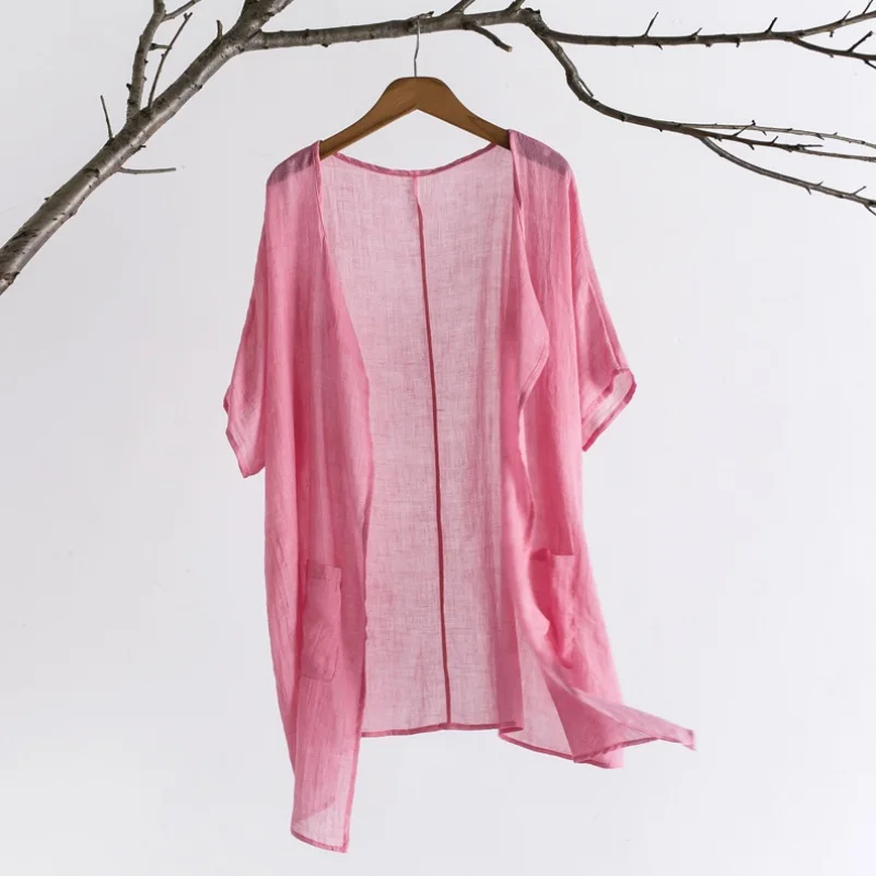 Летняя женская блузка из хлопка и льна свободная солнцезащитная одноцветная