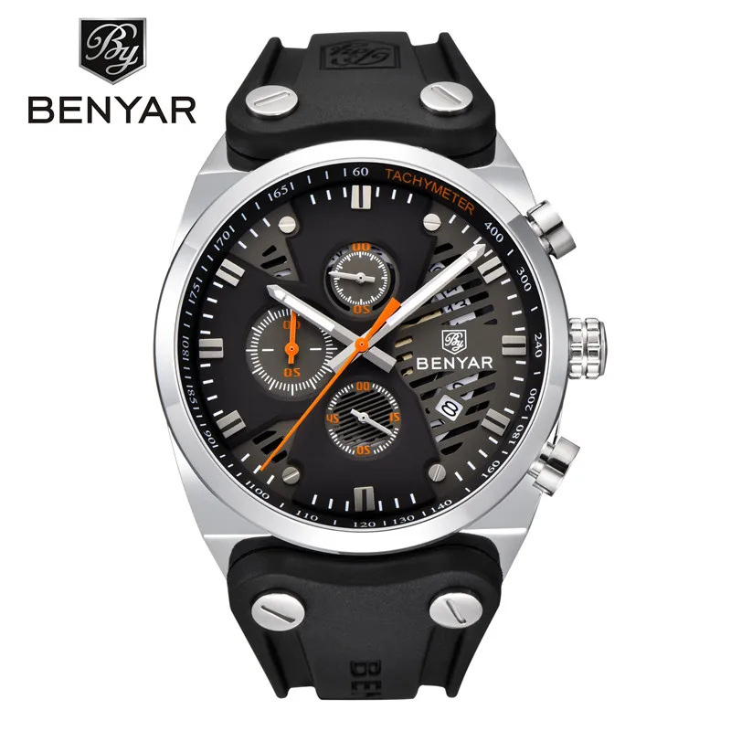 BY511004 without box Мужские часы benyar мужские часы лучший бренд класса люкс Хронограф Спортивные мужские часы военные из натуральной кожи новые кварцевые наручные часы - Цвет: BY511004 without box