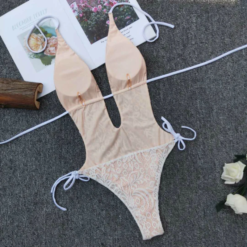 2019 сексуальный купальник цельный выдолбленный белый кружевное белье пуш-ап