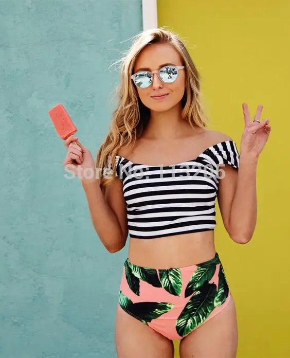 Женский купальник в черную полоску с высокой талией | Женская одежда