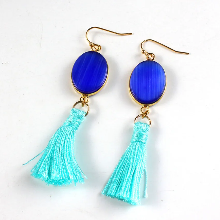 100-Unique 1 Pair Light Yellow Gold Color Oval Shape Blue Cat Eye Stone With Tassels Earrings Elegant Women's Earring | Украшения и