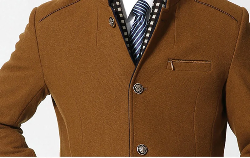Men's Mandarin Collar Cashmere Coats Winter New Brand Long Wool Trench Coat Men Slim Fit Wool&Blends Peacoat Manteau Homme