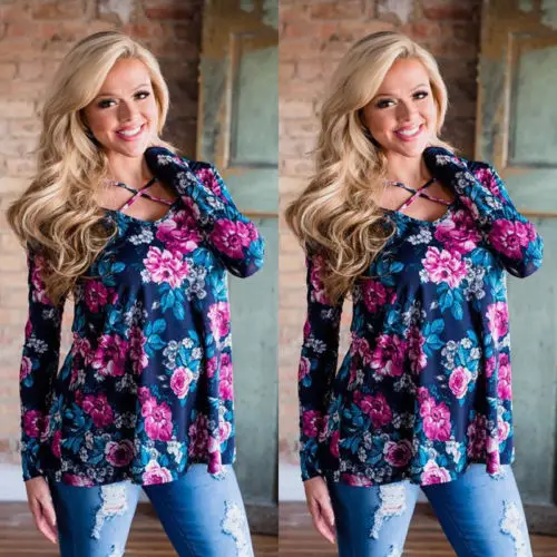 

Summer Women Ladies Cotton Floral Long Sleeve V-Neck Casual Shirt Loose Blouse Fashion Top Beach Street Clubwear Outfits Clothes