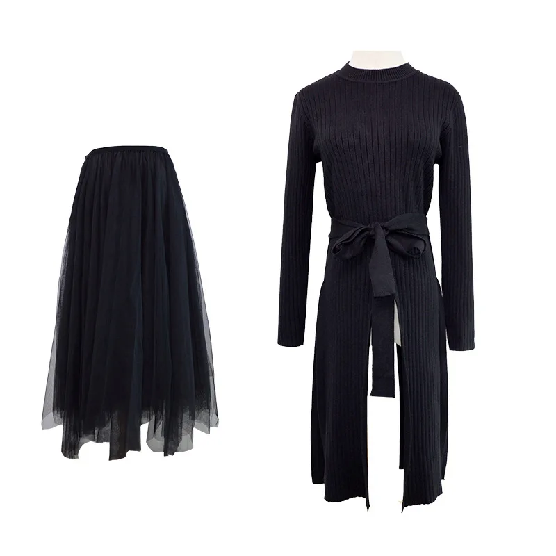 Шикарная Женская юбка костюм комплект 2019 новый пуловер свитер с круглым вырезом +
