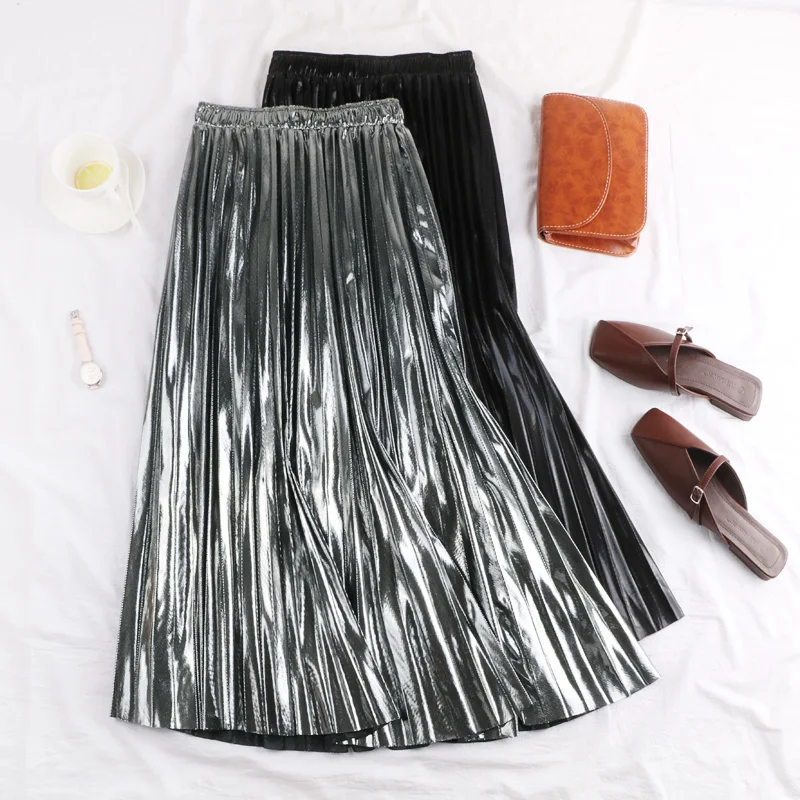 

Женская плиссированная юбка средней длины, серебристая юбка с высокой талией, 1122-40
