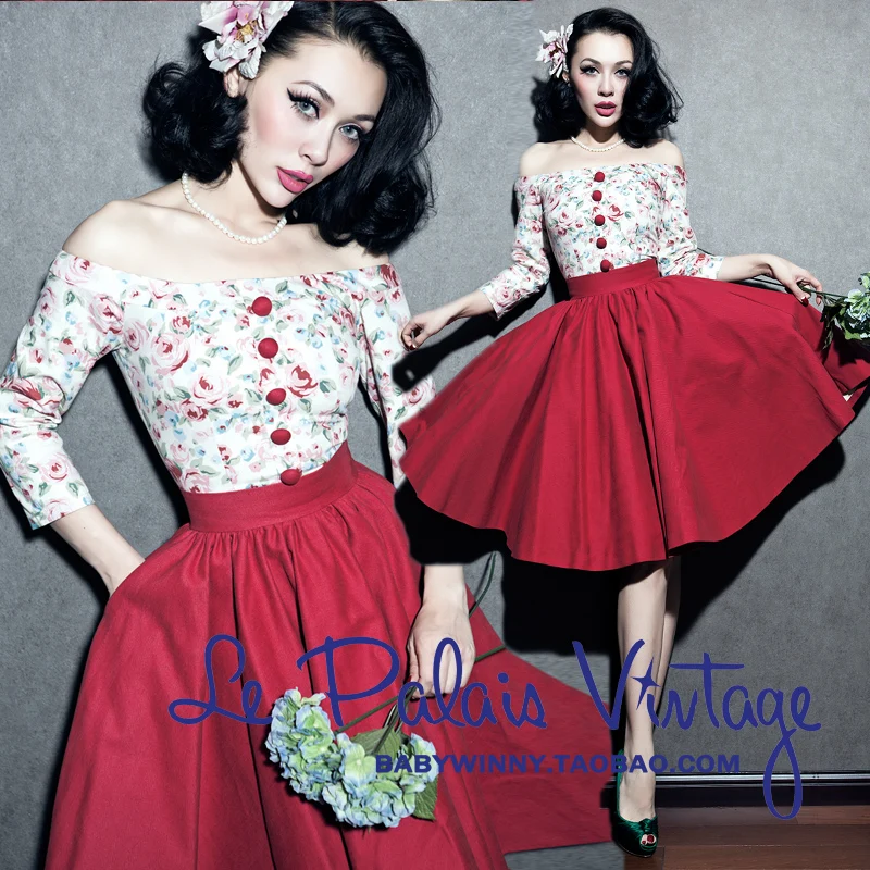 

FREE SHIPPING Le palais vintage high quality limited edition incarcerators color block slit neckline puff DRESS