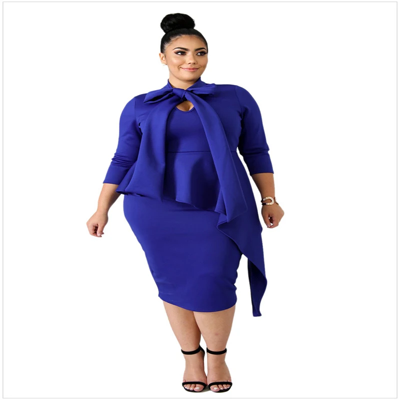 

Winter European and American fashion long-sleeved bow-tie collar high-necked black dress of large size party dress