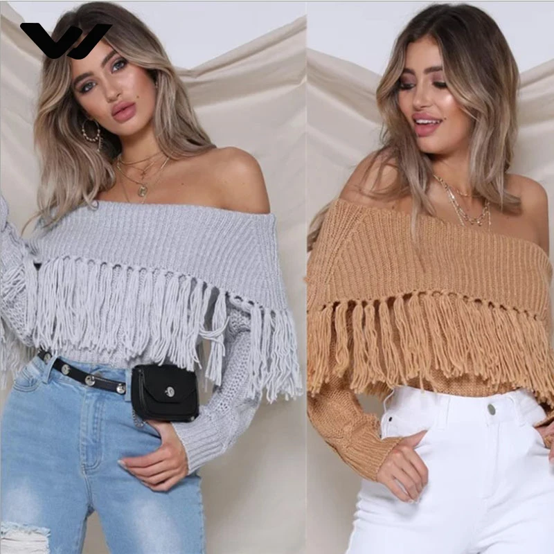 Wicky Autumn Winter New Solid Color Sweaters One Word Neck Long Sleeve Tassel Sexy Temperament Wild Sweater Female | Женская одежда
