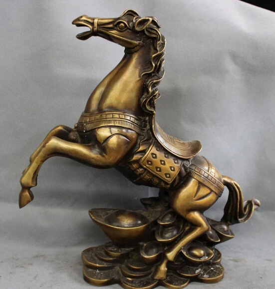 

25cm Chinese Bronze Animals Year Zodiac Wealth Coin Jump Horse On YuanBao Statue