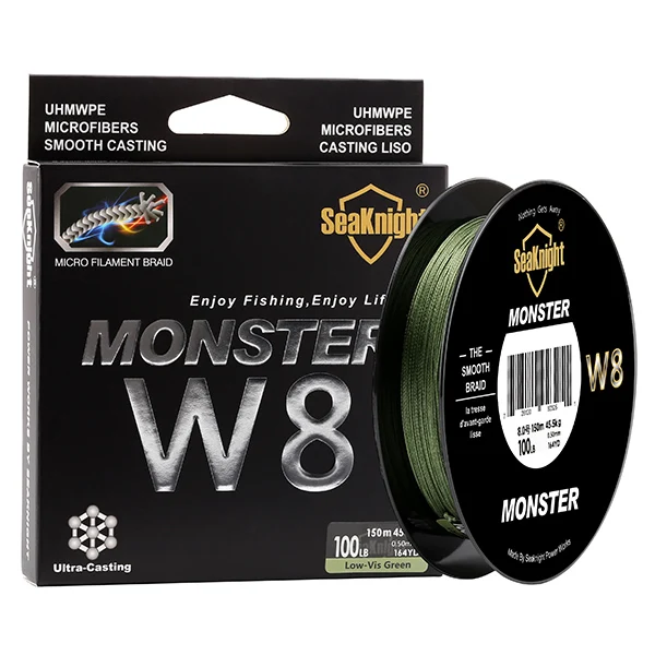Hi vis green SeaKnight MONSTER W8 леска 150 м плетеная 8 нитей гладкая леска PE мультифиламентная широкоугольная технология плетеная 20-100 фунтов - Цвет: Hi vis green