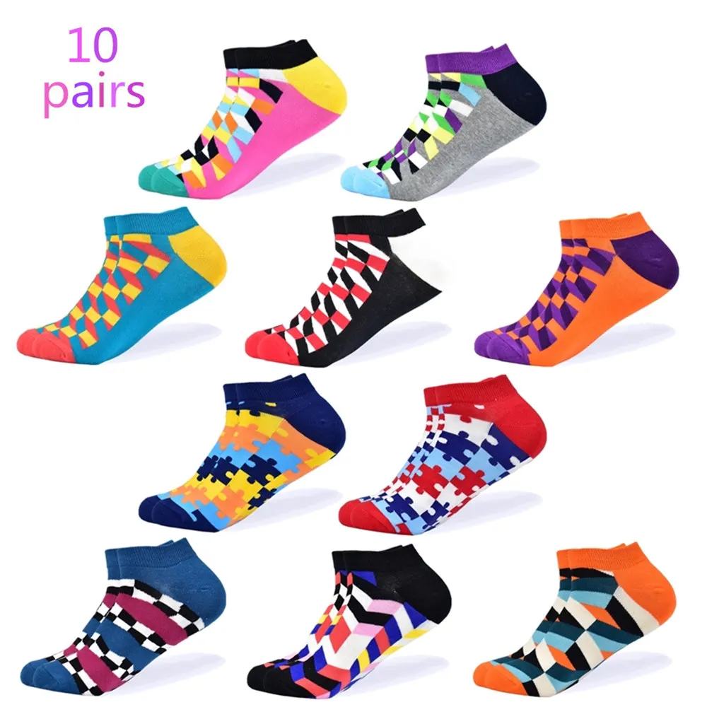10 pairs of socks-2 Мужские носки, новейший дизайн, повседневные носки-башмачки, короткие, летние, дышащие, высокое качество, счастливые, цветные, хлопковые носки для мужчин - Цвет: 10 pairs of socks-2