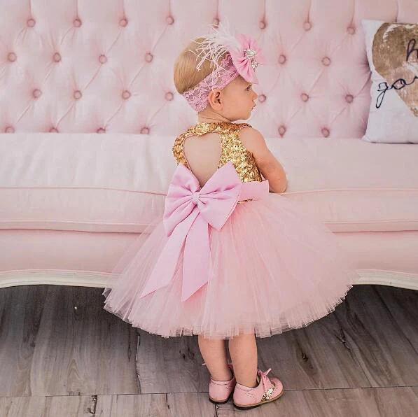 Блестящее Розовое Бальное Платье-пачка принцессы для маленьких девочек на 1 год