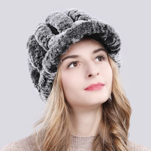 grey Новинка, настоящий мех кролика, женская зимняя шапка, натуральный настоящий мех кролика, шапка для женщин, вязаная, теплая, натуральный мех, шапки - Цвет: grey