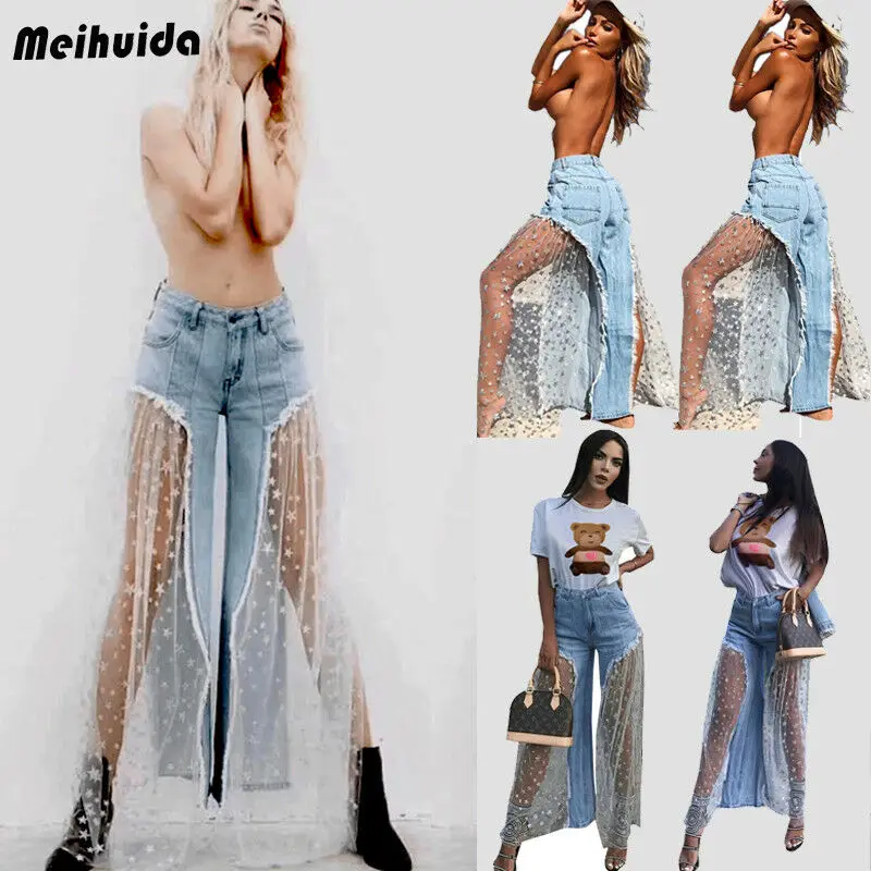 Plus Size Women High Waist Button Flared Demin Jeans Wide Leg Pants Special Design Spliced Trousers |