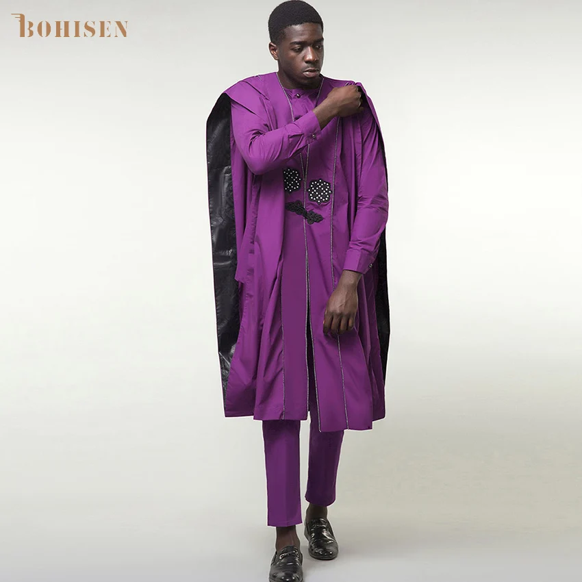 Мужская африканская одежда BOHISEN из 3 частей Bazin Agbada с длинным рукавом вечернее
