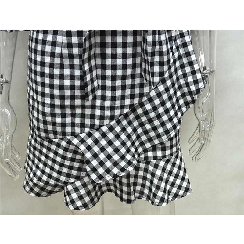 Summer Spring Half Flare Sleeves Slash Neck Sexy Women Mini Dress Plaid Ruffles High Waist Bow Trumpet Patchwork Ladies Dresses | Женская