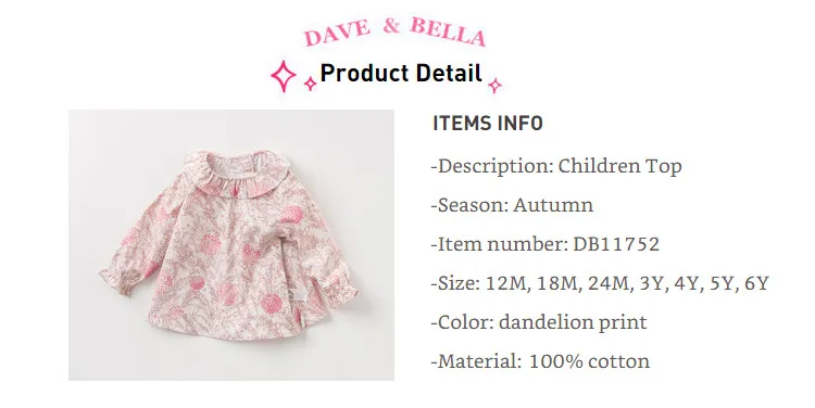 DB11752 dave bella spring autumn baby girls cute print shirts infant toddler cotton tops children high quality clothes