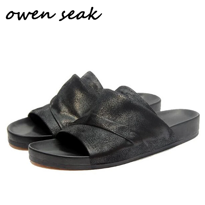 Owen Seak Women Slippers Rome Leather Flip Flops Luxury Trainers Outdoor Casual Shoes Slippers Slides Summer Flats Black Sandals