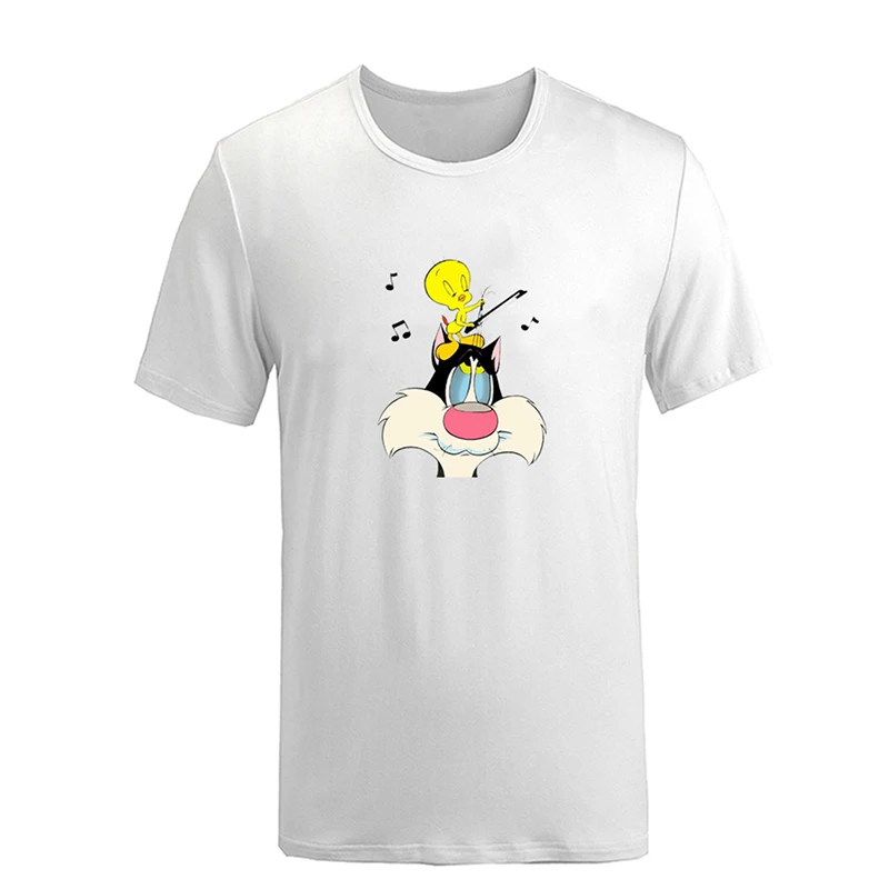 С изображением кота Сильвестра Looney ttes езда птичка Твити голод таз мания Looney ttes черный белый дизайн Мужская Печать Футболка Графический Тройник - Цвет: YaRW1343D
