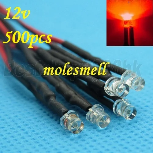 Free shipping 500pcs 3mm 12v Flat Top Red LED Lamp Light Set Pre-Wired 3mm 12V DC Wired 3mm big/wide angle red 12v led