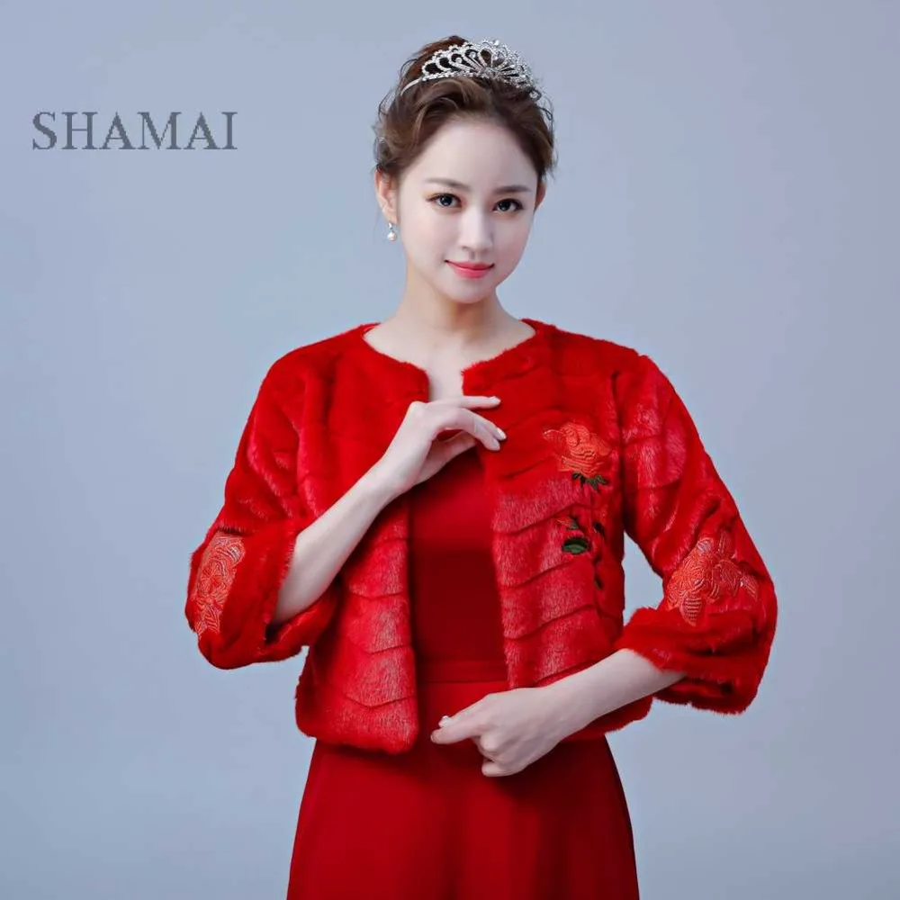 Красная Зимняя Свадебная куртка SHAMAI из искусственного меха женская свадебная