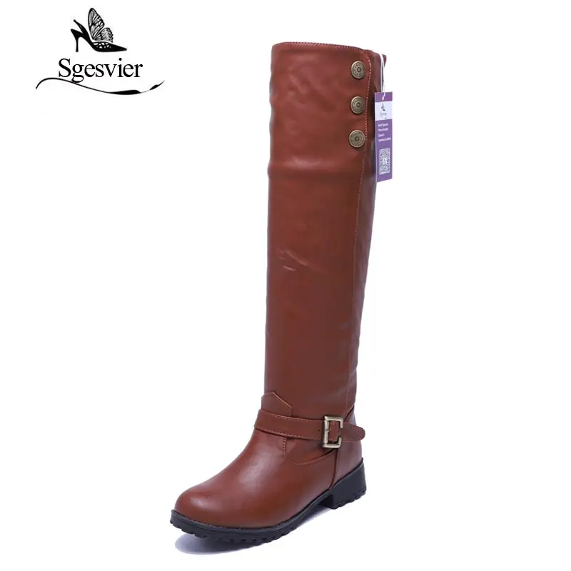

SGESVIER Women Winter Fur Shoes Vintage Low Square Heels Buckle Knee High Boots Round Toe Platform Snow Boots for Women OX019