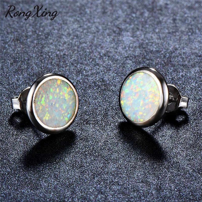 Круглые серьги гвоздики RongXing серебряного цвета для женщин Радужный камень Белый