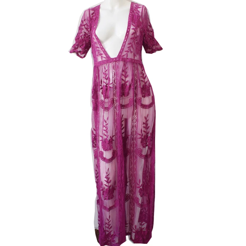 Women Long Maxi Dresses Bohemia V-neck short Sleeve Floral lace Summer Beach Female Split Stylish Style Dress | Женская одежда