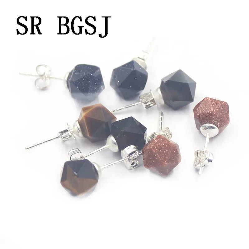Free Shipping 8mm Sand Stone Tiger Eye Onlyx Round Natural Polygonal Faceted Gems Beads Stud Earrings|Серьги-гвоздики| |