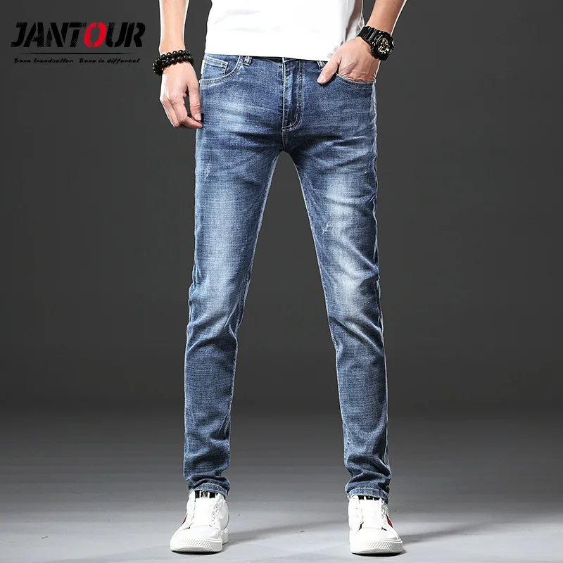 

2022 Jantour Brand Skinny jeans men Slim Fit Denim Joggers Stretch Male Jean Pencil Pants Blue Men's jeans fashion Casual