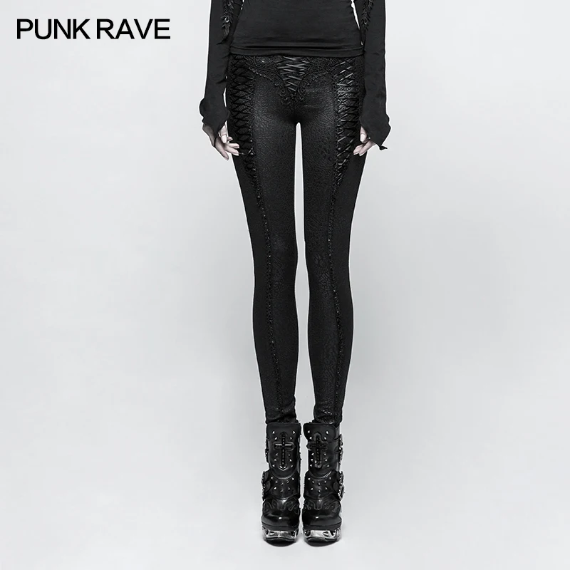Женские облегающие леггинсы PUNK RAVE черные элегантные штаны на шнуровке модные