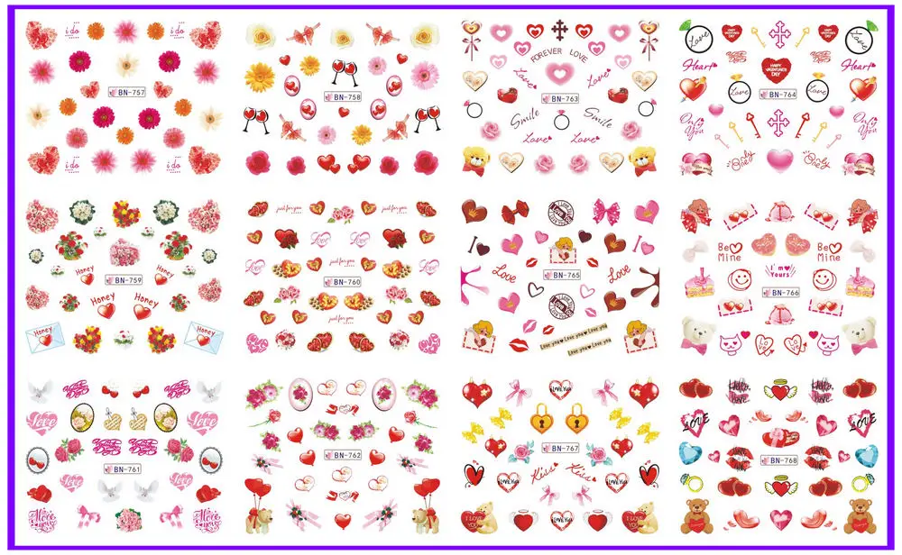 UPRETTEGO 12 упак./лот переводка NAIL ART Наклейки для ногтей на День святого Валентина свадьбы Kiss Bear сладкое сердце чашка любовь BN757-768