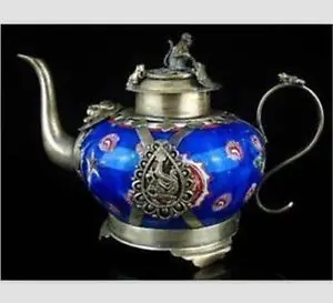 

Handwork Religious Asian Chinese rare Beautiful Tibet Porcelain Teapot Garden Decoration 100% real Tibetan Silver Brass