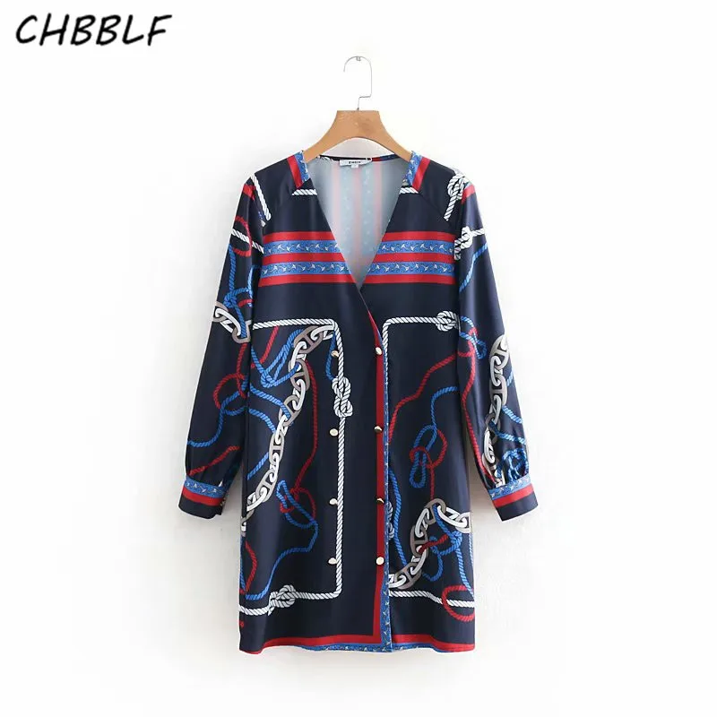 CHBBLF women chic print dress V neck long sleeve female casual mini dresses double breasted straight vestido XDN8736 | Женская одежда