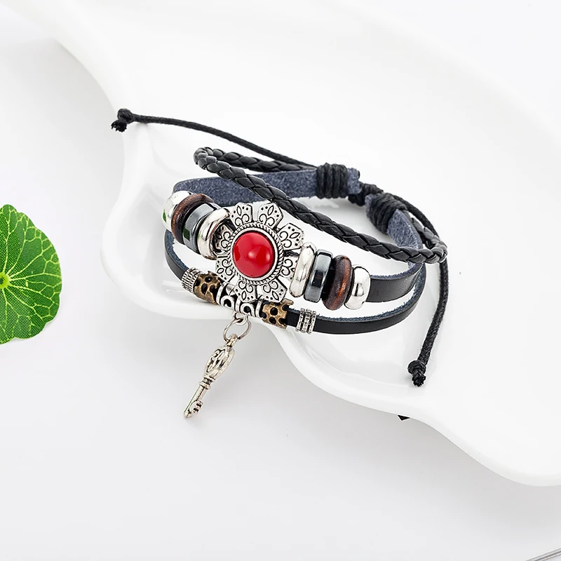 Hot Selling Vintage Leather Jewelry For Men Cheap Price Handmade Metal Key Charm Bracelet Trendy Bohemia Red Stones | Украшения и
