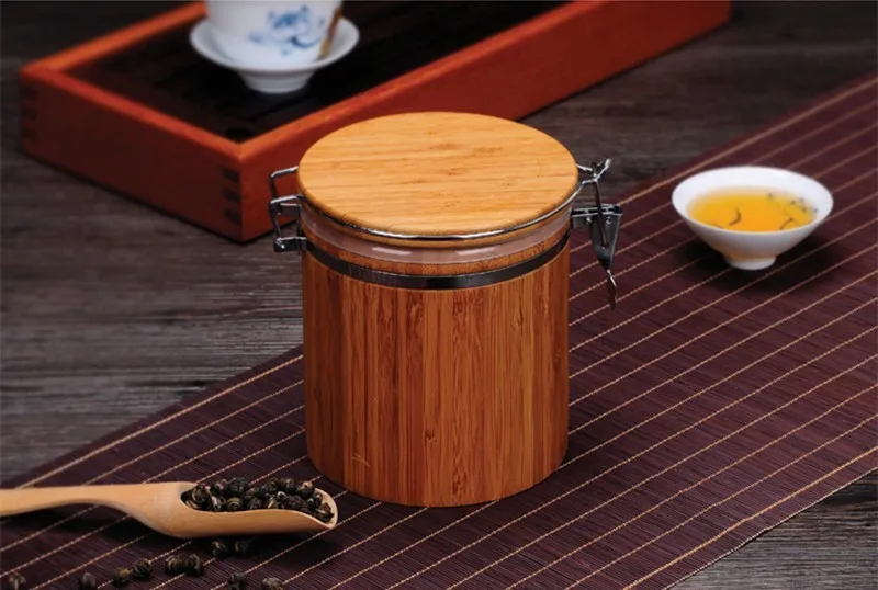 Bamboo Kitchen Storage Jar Bottle With Hinged Cork Lid Cover Sealed For Coffee Tea Spice Box Seal Pot Candy Container Airtight