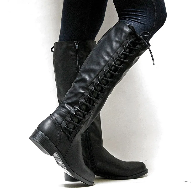 LAKESHI Women Boots 2018 Ladies Long Autumn Winter Riding Lace Up Flat Square Heels Motorcycle Female Booties | Обувь