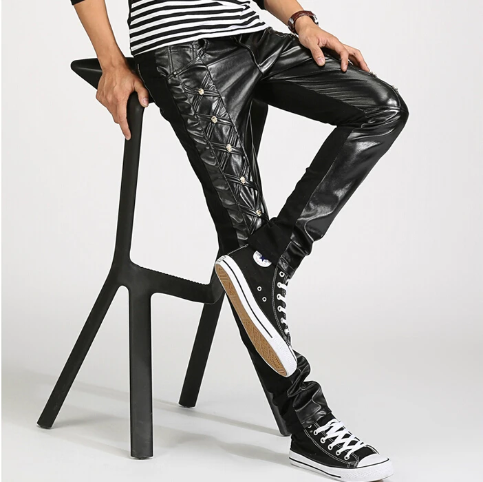 28-33 ! 2016 Korean men's locomotive stitching leather pants Slim tide male adolescent casual trousers stage costumes | Мужская