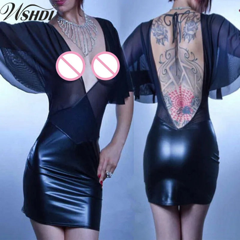 Женское платье с открытой спиной и V образным вырезом|pu leather dress|leather dressclubwear dress |