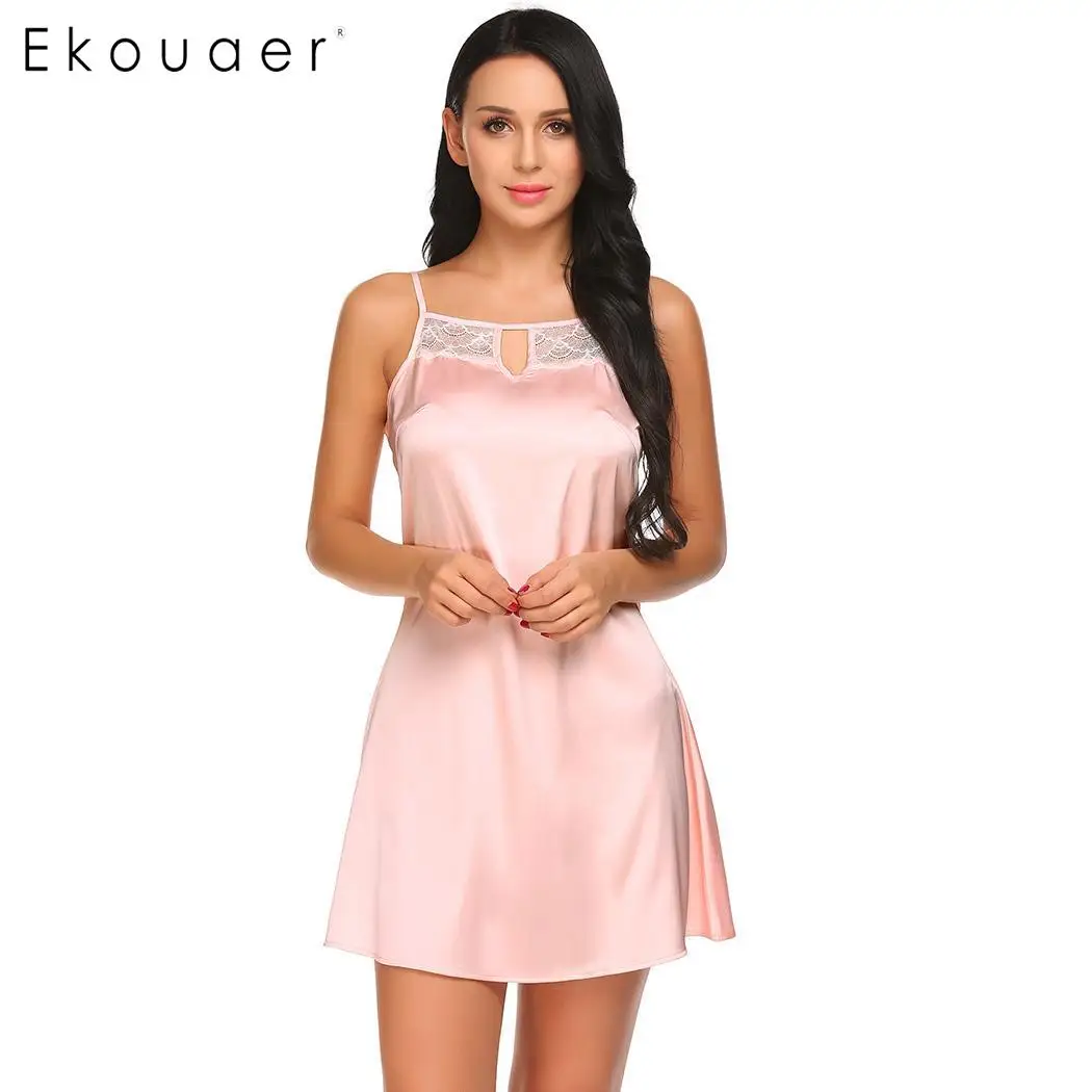Ekouaer ночная рубашка, женское платье для сна, открытая спина, кружевная отделка, без рукавов, ночная рубашка, сексуальная ночная рубашка, мягкая Домашняя одежда, Мини Ночная рубашка - Цвет: Pink