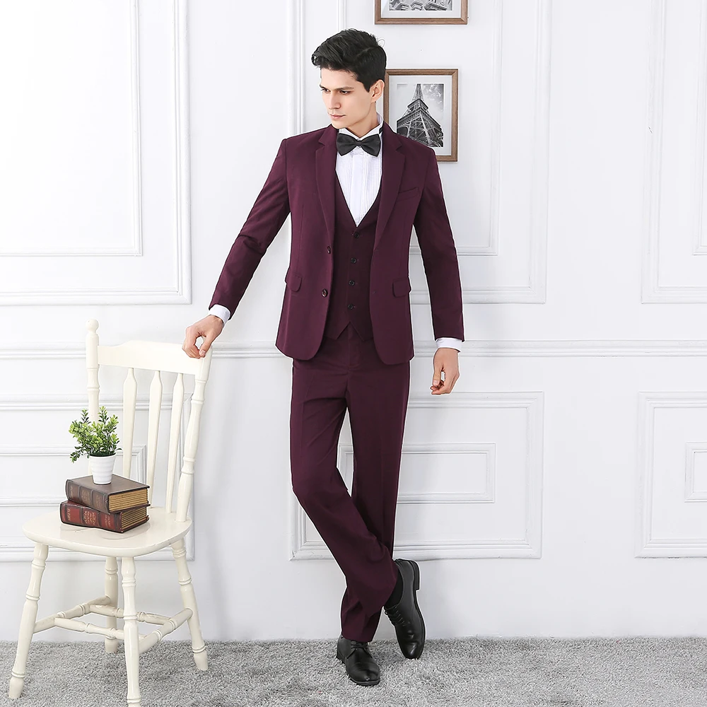 

2018 New Purple Burgundy Men Suit Tuxedo Slim Fit 3 Piece Formal Groom Blazer Wedding Suits Terno Masculino Jacket+Pant+Vest
