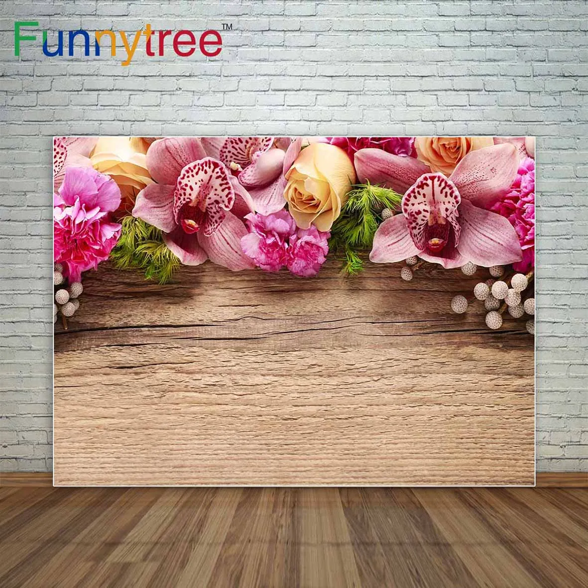 Фотофон Funnytree с разноцветными цветами бабочками орхидеей на винтажном